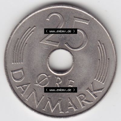 Umlaufmünzen Dänemark: 1979, 25 Öre. Vorderseite der alten dänischen Umlaufmünze aus Dänemark zum katalogisieren und verwalten im Münzen-Katalog Dänemark... Sammlung