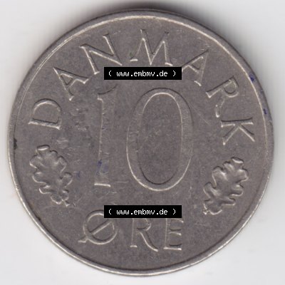 Umlaufmünzen Dänemark: 1973, 10 Öre. Vorderseite der alten dänischen Umlaufmünze aus Dänemark zum katalogisieren und verwalten im Münzen-Katalog Dänemark... Sammlung