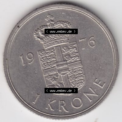 Umlaufmünzen Dänemark: 1976, 1 Krone. Vorderseite der alten dänischen Umlaufmünze aus Dänemark zum katalogisieren und verwalten im Münzen-Katalog Dänemark... Sammlung