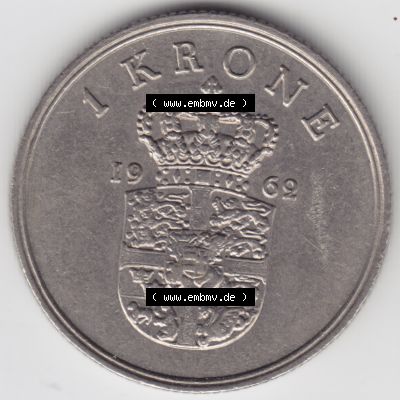 Umlaufmünzen Dänemark: 1962, 1 Krone. Vorderseite der alten dänischen Umlaufmünze aus Dänemark zum katalogisieren und verwalten im Münzen-Katalog Dänemark... Sammlung