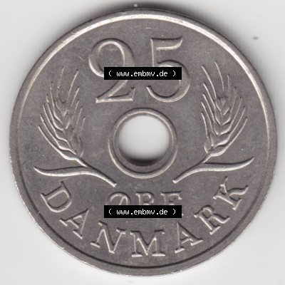 Umlaufmünzen Dänemark: 1972, 25 Öre. Vorderseite der alten dänischen Umlaufmünze aus Dänemark zum katalogisieren und verwalten im Münzen-Katalog Dänemark... Sammlung