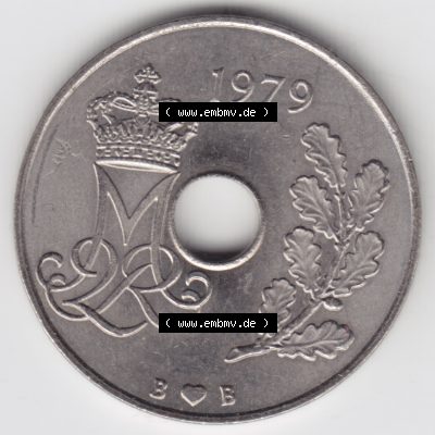 Umlaufmünzen Dänemark: 1979, 25 Öre. Rückseite der alten dänischen Umlaufmünze aus Dänemark zum katalogisieren und verwalten im Münzen-Katalog... Sammlung