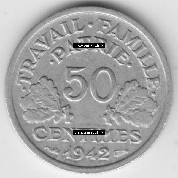 Grau bzw. s/w Münze Frankreich 1942-1944, 50 Centimes, Cent 1942. Vorderseite der alten französischen Umlaufmünze aus Frankreich in der Francs-Währung zum katalogisieren und verwalten... Sammlung Graustufen