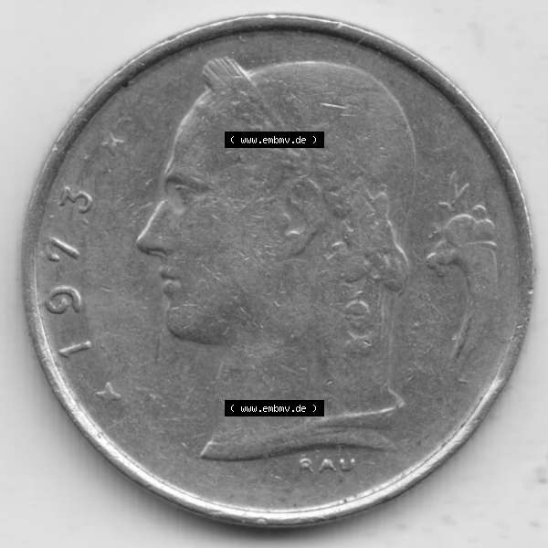Grau bzw. s/w Münzen Belgien Umlaufmünze 1950-1988, 1 Francs-Franken 1973 Belgique. Rückseite der alten belgischen Francs Umlaufmünze aus Belgien vor Einführung der Euromünzen... Sammlung Graustufen