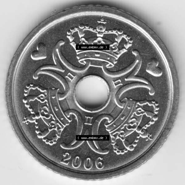 Grau bzw. s/w Münzen Dänemark Umlaufmünze 2006, 1 Krone. Rückseite der alten dänischen Umlaufmünze aus Dänemark zum katalogisieren und verwalten im Münzen-Katalog... Sammlung Graustufen