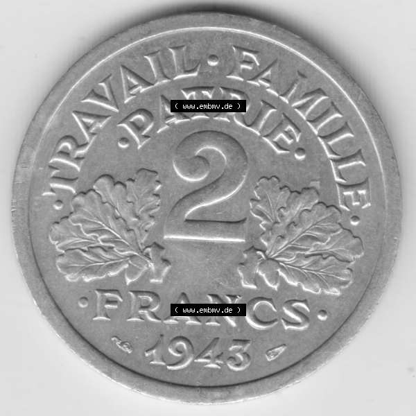 Grau bzw. s/w Münze Frankreich 1943-1944, 2 Francs, Franken 1943. Vorderseite der alten französischen Umlaufmünze aus Frankreich in der Francs-Währung zum katalogisieren und verwalten... Sammlung Graustufen