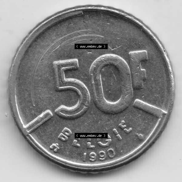 Grau bzw. s/w Münzen Belgien Umlaufmünze 1987-1993, 50 Francs 1990 Belgie. Vorderseite der alten belgischen Francs Umlaufmünze aus Belgien vor Einführung der Euromünzen in Belgien... Sammlung Graustufen