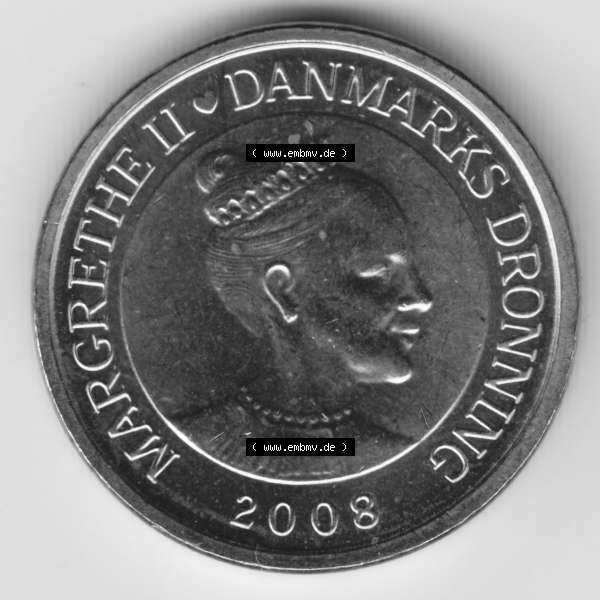 Grau bzw. s/w Münzen Dänemark Umlaufmünze 2008, 10 Kroner, Kronen. Rückseite der alten dänischen Umlaufmünze aus Dänemark zum katalogisieren und verwalten im Münzen-Katalog... Sammlung Graustufen