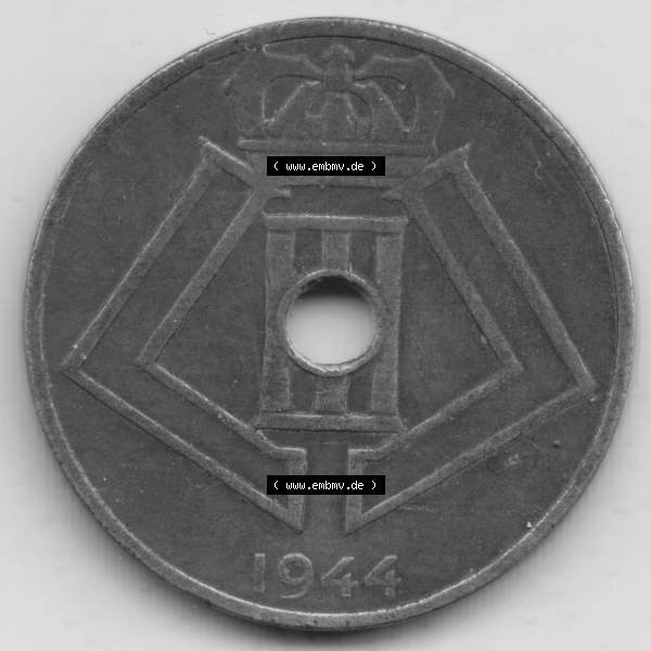 Grau bzw. s/w Münzen Belgien Umlaufmünze 1942-1946, 25 Centimes 1944 Belgie - Belgique. Rückseite der alten belgischen Francs Umlaufmünze aus Belgien vor Einführung der Euromünzen... Sammlung Graustufen
