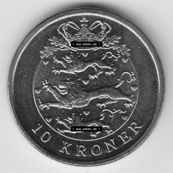 Grau bzw. s/w Münzen Dänemark Umlaufmünze 2008, 10 Kroner, Kronen. Vorderseite der alten dänischen Umlaufmünze aus Dänemark zum katalogisieren und verwalten im Münzen-Katalog... Sammlung Graustufen