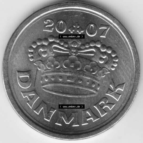 Grau bzw. s/w Münzen Dänemark Umlaufmünze 2007 50 Öre. Rückseite der alten dänischen Umlaufmünze aus Dänemark zum katalogisieren und verwalten im Münzen-Katalog Dänemark... Sammlung Graustufen