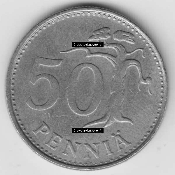 Grau bzw. s/w Münzen Finnland, SUOMI Umlaufmünze 1963-1990, 50 Penniä 1981. Vorderseite der alten finnischen Umlaufmünze aus Finnland SUOMI zum katalogisieren und verwalten im... Sammlung Graustufen