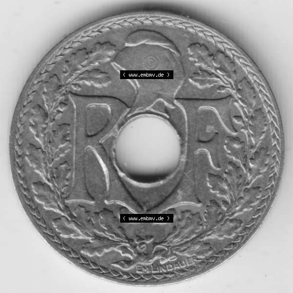Grau bzw. s/w Münze Frankreich 1917-1938, 10 Centimes, Cent 1936. Rückseite der alten französischen Umlaufmünze 10 Cmes - Centimes - Cent aus Frankreich in der Francs-Währung... Sammlung Graustufen
