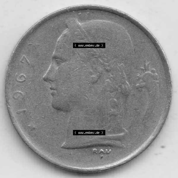 Grau bzw. s/w Münzen Belgien Umlaufmünze 1950-1988, 1 Francs-Franken 1967 Belgique. Rückseite der alten belgischen Francs Umlaufmünze aus Belgien vor Einführung der Euromünzen... Sammlung Graustufen