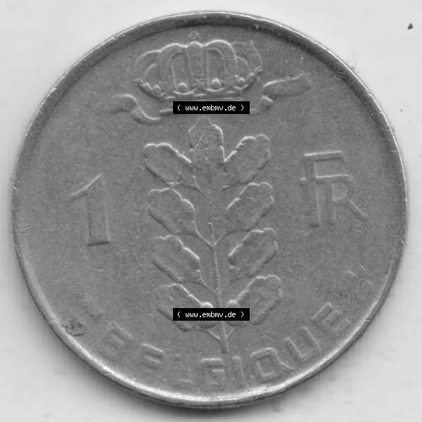 Grau bzw. s/w Münzen Belgien Umlaufmünze 1950-1988, 1 Francs-Franken 1967 Belgique. Vorderseite der alten belgischen Francs Umlaufmünze aus Belgien vor Einführung der Euromünzen... Sammlung Graustufen
