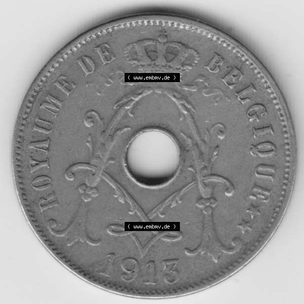 Grau bzw. s/w Münzen Belgien Umlaufmünze 1913-1929, 25 Ces, Centimes, Cent Koninkrijk Belgie. Rückseite der alten belgischen Francs Umlaufmünze aus Belgien vor Einführung... Sammlung Graustufen