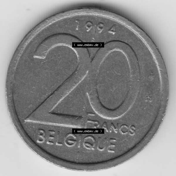 Grau bzw. s/w Münzen Belgien Umlaufmünze 1994-2001, 20 Francs 1994 Belgique. Vorderseite der alten belgischen Francs Umlaufmünze aus Belgien vor Einführung der Euromünzen in Belgien... Sammlung Graustufen