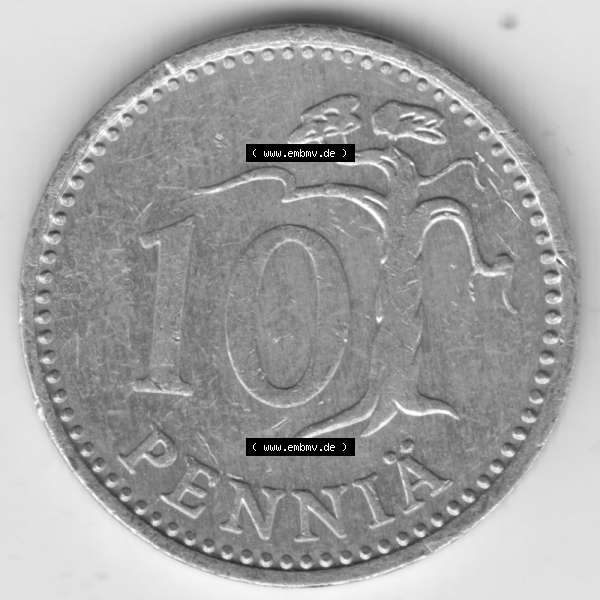 Grau bzw. s/w Münzen Finnland, SUOMI Umlaufmünze 1983-1990, 10 Penniä 1985. Vorderseite der alten finnischen Umlaufmünze aus Finnland SUOMI zum katalogisieren und verwalten im... Sammlung Graustufen