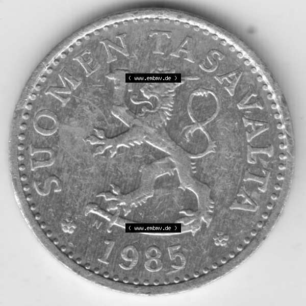 Grau bzw. s/w Münzen Finnland, SUOMI Umlaufmünze 1983-1990, 10 Penniä 1985. Rückseite der alten finnischen Umlaufmünze aus Finnland SUOMI zum katalogisieren und verwalten... Sammlung Graustufen