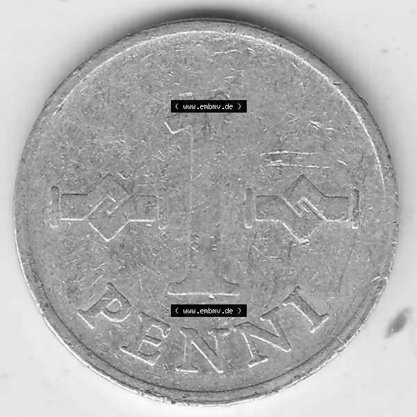 Grau bzw. s/w Münzen Finnland, SUOMI Umlaufmünze 1969-1979, 1 Penni 1969. Vorderseite der alten finnischen Umlaufmünze aus Finnland SUOMI zum katalogisieren und verwalten im Münzen-Katalog... Sammlung Graustufen