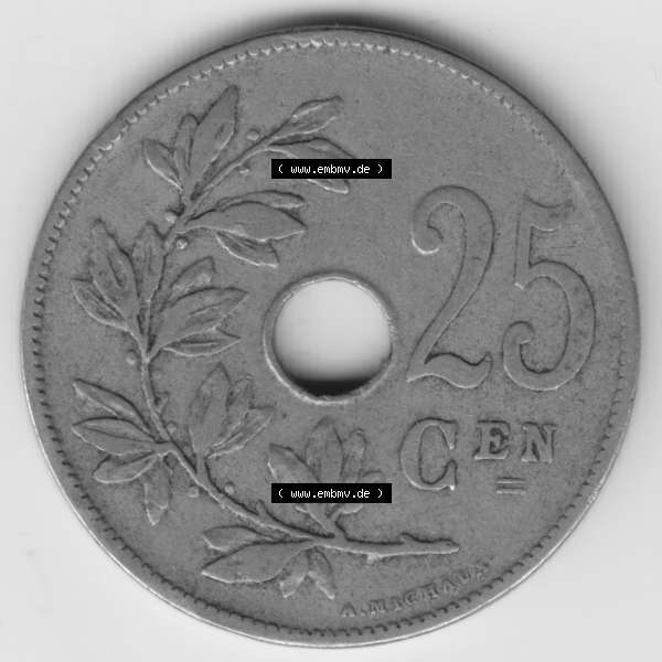 Grau bzw. s/w Münzen Belgien Umlaufmünze 1908-1909, 25 Cen, Centimes Koninkrijk Belgie. Vorderseite der alten belgischen Francs Umlaufmünze aus Belgien vor Einführung der Euromünzen... Sammlung Graustufen