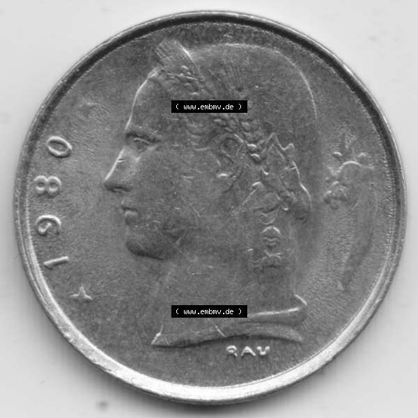 Grau bzw. s/w Münzen Belgien Umlaufmünze 1950-1988, 1 Franc 1980 Belgique. Rückseite der alten belgischen Francs Umlaufmünze aus Belgien vor Einführung der Euromünzen in Belgien... Sammlung Graustufen