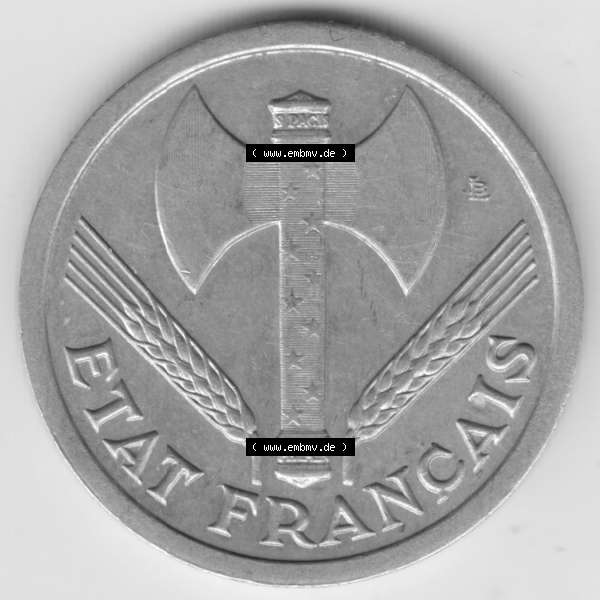Grau bzw. s/w Münze Frankreich 1943-1944, 2 Francs, Franken 1943. Rückseite der alten französischen Umlaufmünze aus Frankreich in der Francs-Währung zum katalogisieren und... Sammlung Graustufen