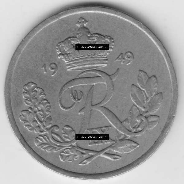 Grau bzw. s/w Münzen Dänemark Umlaufmünze 1948-1955, 25 Öre 1949 Kursmünze. Rückseite der alten dänischen Umlaufmünze aus Dänemark zum katalogisieren und verwalten... Sammlung Graustufen