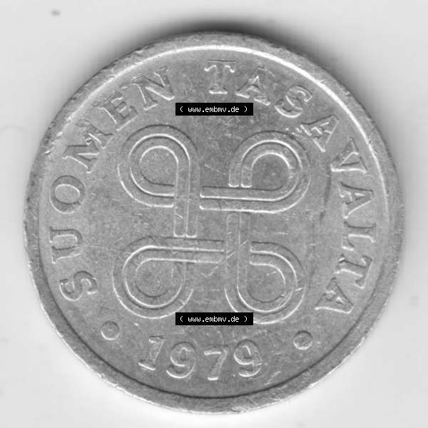 Grau bzw. s/w Münzen Finnland, SUOMI Umlaufmünze 1977-1990, 5 Penniä 1979. Rückseite der alten finnischen Umlaufmünze aus Finnland SUOMI zum katalogisieren und verwalten im... Sammlung Graustufen