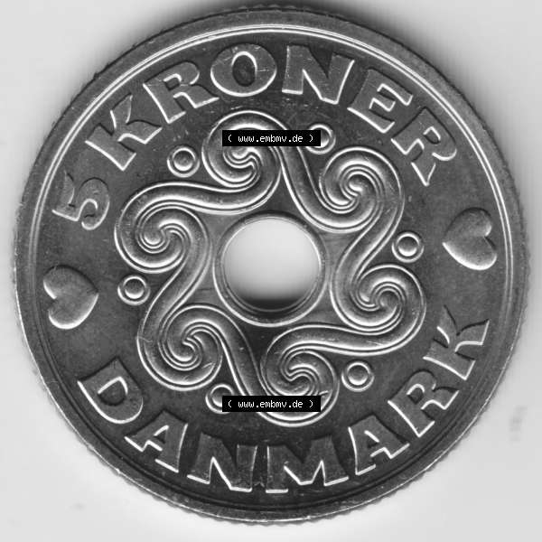 Grau bzw. s/w Münzen Dänemark Umlaufmünze 2013, 5 Kroner, Kronen. Vorderseite der alten dänischen Umlaufmünze aus Dänemark zum katalogisieren und verwalten im Münzen-Katalog... Sammlung Graustufen