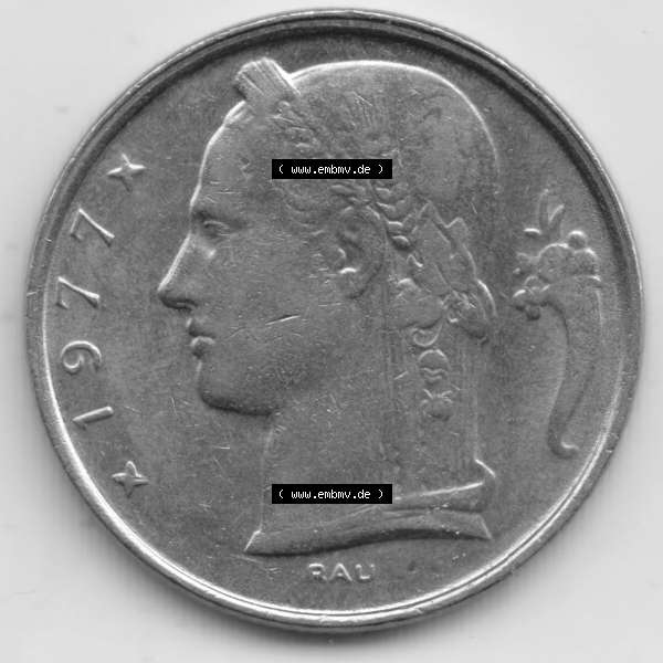 Grau bzw. s/w Münzen Belgien Umlaufmünze 1948-1981, 5 Francs 1977 Belgique, Bild mit Rückseite der Münze zum Download Sammlung Graustufen
