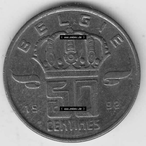 Grau bzw. s/w Münzen Belgien Umlaufmünze 1958-2001, 50 Centines 1992 Belgie. Vorderseite der alten belgischen Francs Umlaufmünze aus Belgien vor Einführung der Euromünzen in Belgien... Sammlung Graustufen