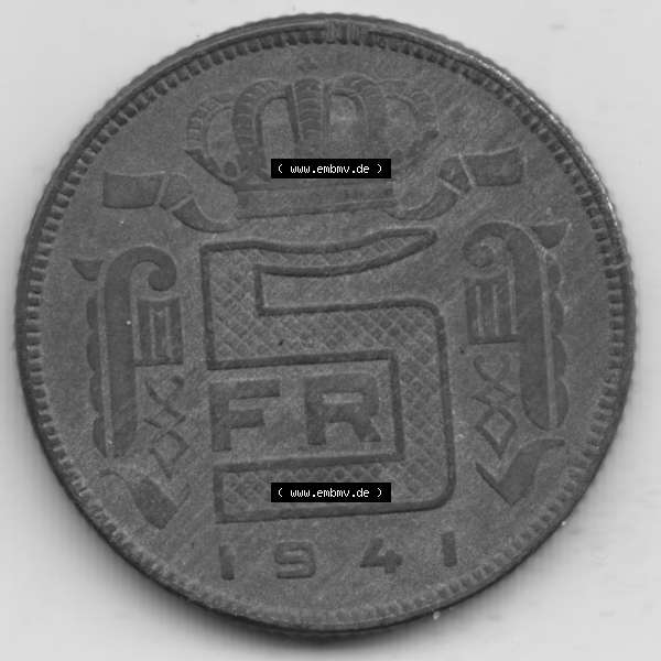 Grau bzw. s/w Münzen Belgien Umlaufmünze 1941-1946, 5 Franken 1941, Der Belgen. Vorderseite der alten belgischen Francs Umlaufmünze aus Belgien vor Einführung der Euromünzen... Sammlung Graustufen