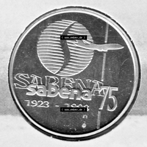 Grau bzw. s/w Münzen Belgien Umlaufmünze Münzsatz Sabena 1998, Medaille Sabena 75, 1923-1998. Vorderseite der alten belgischen Francs Umlaufmünze aus Belgien vor Einführung... Sammlung Graustufen