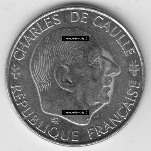 Grau bzw. s/w Münze Frankreich 1988-1988, 1 Francs, Franken 1988. Rückseite der alten französischen Umlaufmünze aus Frankreich in der Francs-Währung zum katalogisieren und... Sammlung Graustufen