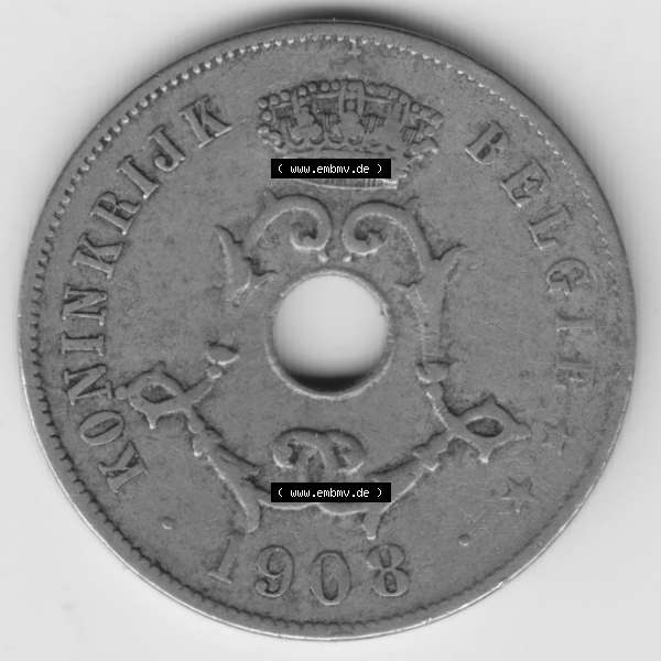 Grau bzw. s/w Münzen Belgien Umlaufmünze 1908-1909, 25 Cen, Centimes Koninkrijk Belgie. Rückseite der alten belgischen Francs Umlaufmünze aus Belgien vor Einführung der Euromünzen... Sammlung Graustufen