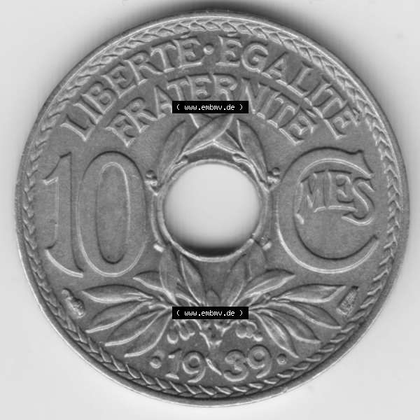 Grau bzw. s/w Münze Frankreich 1938-1939, 10 Centimes, Cent 1939. Vorderseite der alten französischen Umlaufmünze 10 Cmes - Centimes - Cent aus Frankreich in der Francs-Währung... Sammlung Graustufen