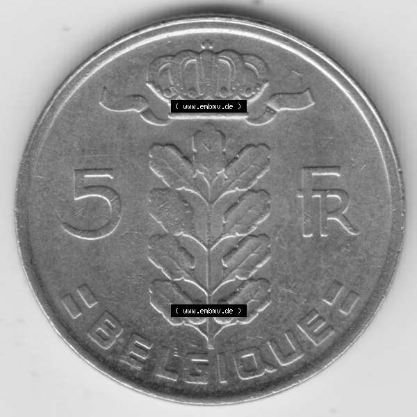 Grau bzw. s/w Münzen Belgien Umlaufmünze 1948-1981, 5 Francs 1977 Belgique. Vorderseite der alten belgischen Francs Umlaufmünze aus Belgien vor Einführung der Euromünzen in Belgien... Sammlung Graustufen