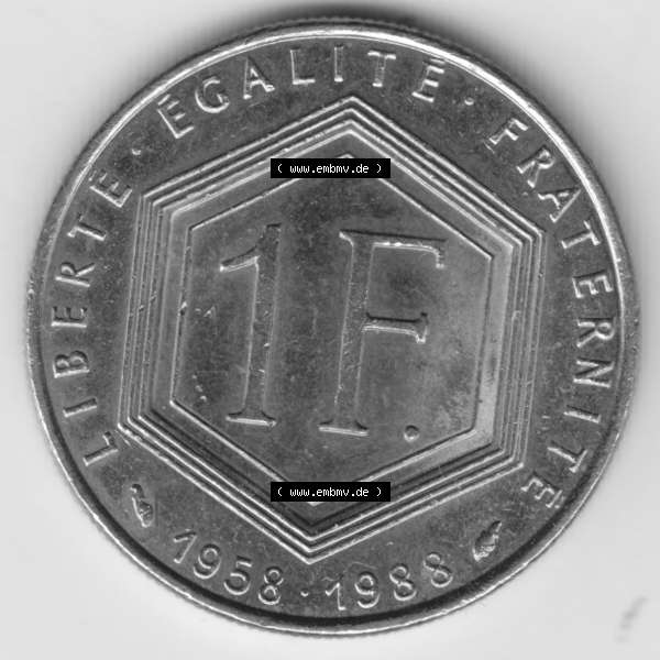 Grau bzw. s/w Münze Frankreich 1988-1988, 1 Francs, Franken 1988. Vorderseite der alten französischen Umlaufmünze aus Frankreich in der Francs-Währung zum katalogisieren und verwalten... Sammlung Graustufen