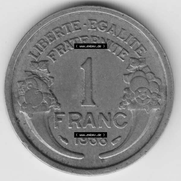 Grau bzw. s/w Münze Frankreich 1931-1941, 1 Francs, Franken 1938. Vorderseite der alten französischen Umlaufmünze aus Frankreich in der Francs-Währung zum katalogisieren und verwalten... Sammlung Graustufen
