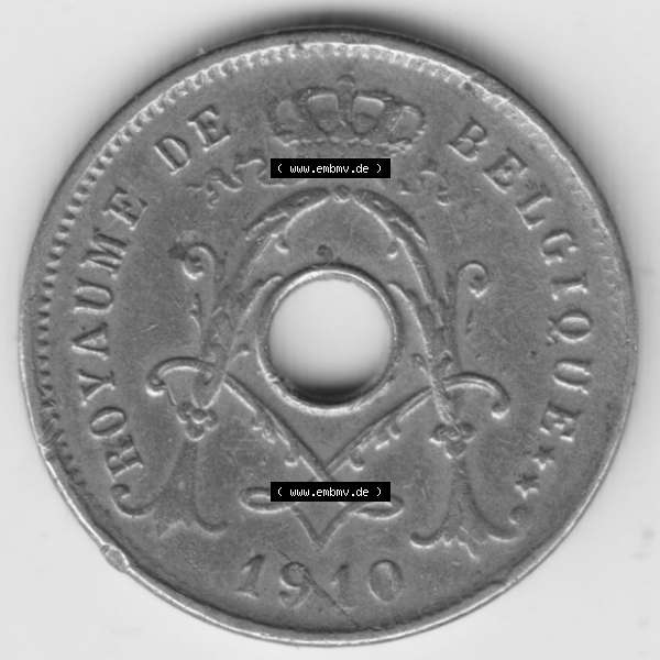 Grau bzw. s/w Münzen Belgien Umlaufmünze 1910-1932, 5 Ces, Centimes Koninkrijk Belgie. Rückseite der alten belgischen Francs Umlaufmünze aus Belgien vor Einführung der Euromünzen... Sammlung Graustufen