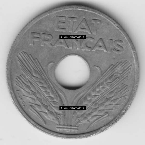 Grau bzw. s/w Münze Frankreich 1941-1943, 10 Centimes, Etat Francais 1943. Rückseite der alten französischen Umlaufmünze 10 Cmes - Centimes - Cent aus Frankreich in der Francs-Währung... Sammlung Graustufen