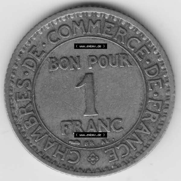 Grau bzw. s/w Münze Frankreich 1920-1927, 1 Francs, Franken 1922. Vorderseite der alten französischen Umlaufmünze aus Frankreich in der Francs-Währung zum katalogisieren und verwalten... Sammlung Graustufen