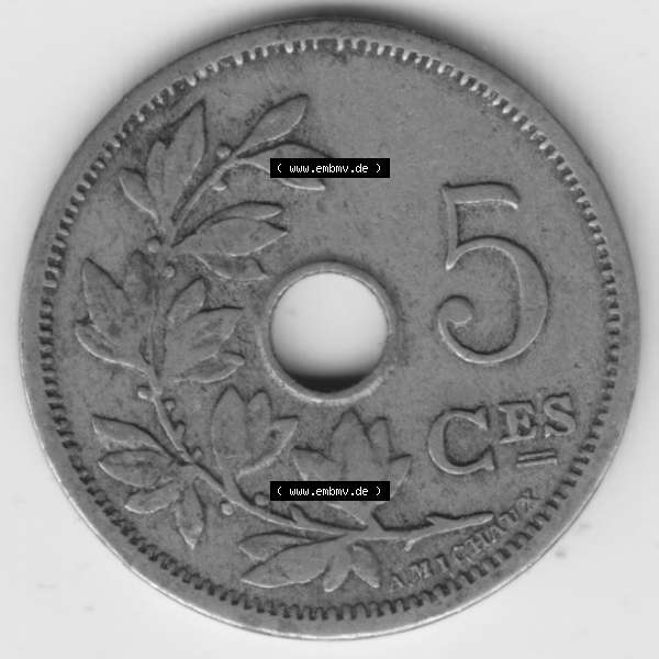 Grau bzw. s/w Münzen Belgien Umlaufmünze 1904-1907, 5 Ces, Centimes Koninkrijk Belgie. Vorderseite der alten belgischen Francs Umlaufmünze aus Belgien vor Einführung der Euromünzen... Sammlung Graustufen