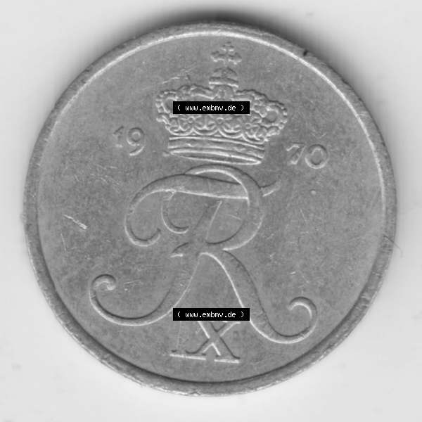 Grau bzw. s/w Münzen Dänemark Umlaufmünze 1956-1971, 1 Öre 1970 Kursmünze. Rückseite der alten dänischen Umlaufmünze aus Dänemark zum katalogisieren und verwalten... Sammlung Graustufen