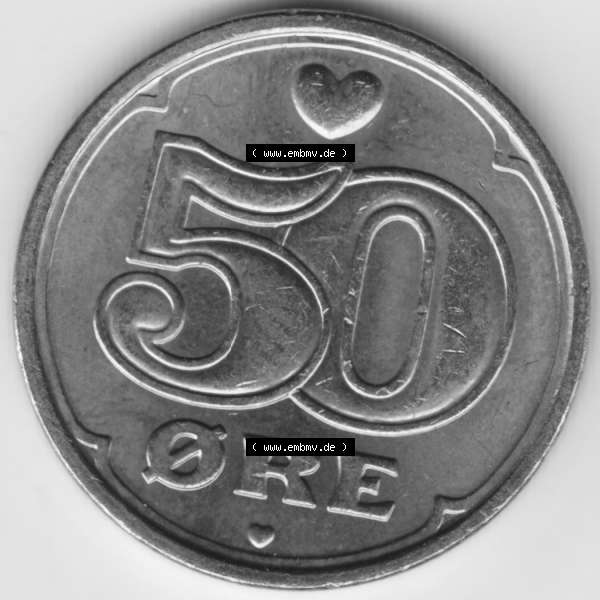Grau bzw. s/w Münzen Dänemark Umlaufmünze 2007 50 Öre. Vorderseite der alten dänischen Umlaufmünze aus Dänemark zum katalogisieren und verwalten im Münzen-Katalog Dänemark... Sammlung Graustufen