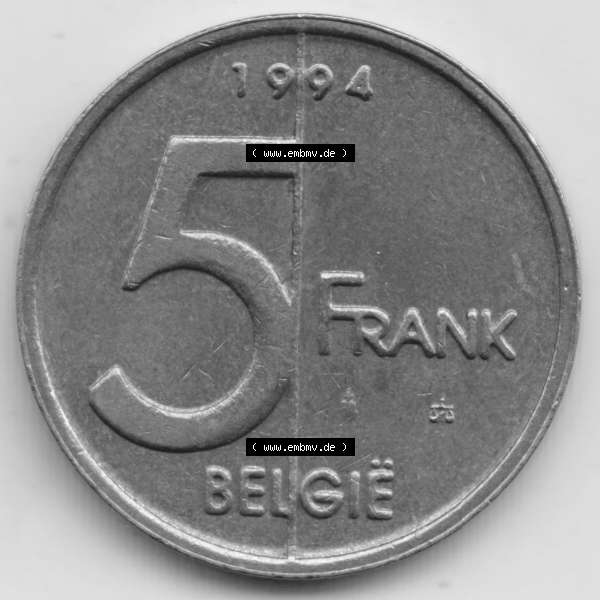 Grau bzw. s/w Münzen Belgien Umlaufmünze 1994-2001, 5 Francs 1994 Belgie. Vorderseite der alten belgischen Francs Umlaufmünze aus Belgien vor Einführung der Euromünzen in Belgien... Sammlung Graustufen
