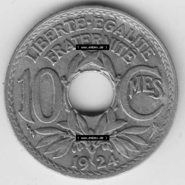 Grau bzw. s/w Münze Frankreich 1917-1938, 10 Centimes, Cent 1924. Vorderseite der alten französischen Umlaufmünze 10 Cmes - Centimes - Cent aus Frankreich in der Francs-Währung... Sammlung Graustufen