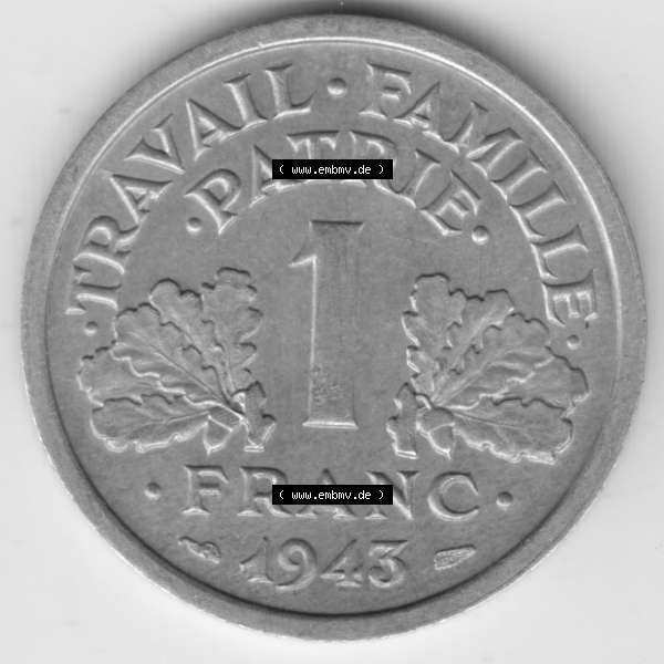 Grau bzw. s/w Münze Frankreich 1942-1944, 1 Franc, Franken 1943. Vorderseite der alten französischen Umlaufmünze aus Frankreich in der Francs-Währung zum katalogisieren und verwalten... Sammlung Graustufen