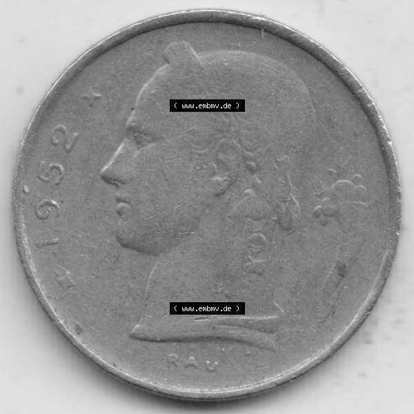 Grau bzw. s/w Münzen Belgien Umlaufmünze 1950-1988, 1 Francs-Franken 1952 Belgique. Rückseite der alten belgischen Francs Umlaufmünze aus Belgien vor Einführung der Euromünzen... Sammlung Graustufen